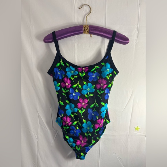 NWOT VTG 90s Speedo Black+ Neon Floral Low Back Retro One Piece Women’s L - Picture 3 of 7